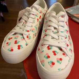 White and Red Canvas Sneakers with Cherry Print